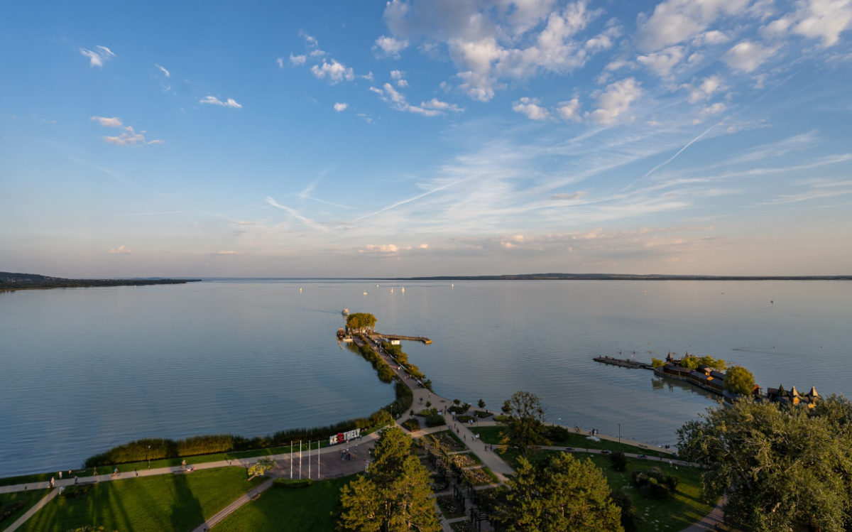 The view of Lake Balaton and the pier from high up in Keszthely