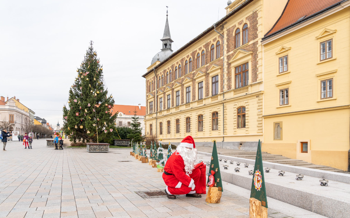 Nikolaus auf dem Hauptplatz, im Hintergrund der Weihnachtsbaum der Stadt
